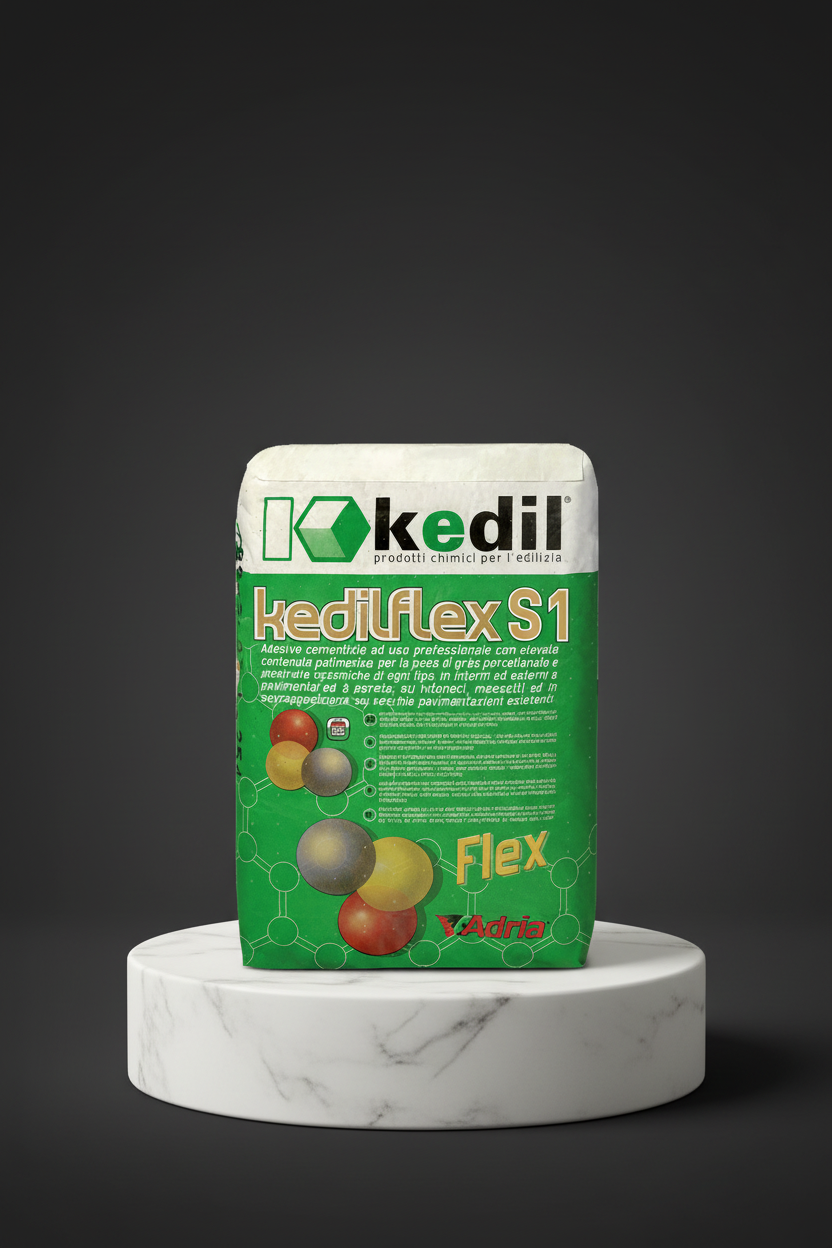 A bag of Kedilflex S1 cementitious adhesive, on a marble pedestal.
