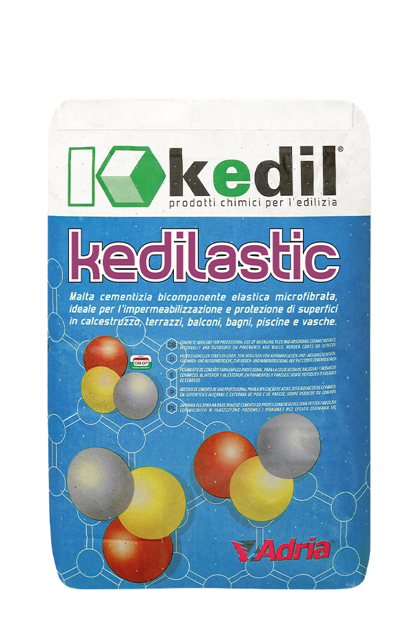 Kedilastic pack, Kedil's two-component elastic micro-fiber reinforced cementitious mortar, for waterproofing surfaces.