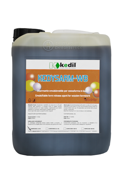 A container of Kedil Kedysarm-WB, an emulsifiable form release agent for wooden formwork.