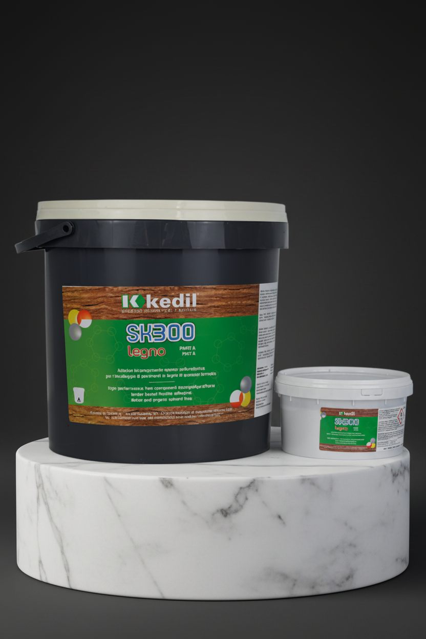 Two jars of Kedil SK300 wood glue on a marble display stand.