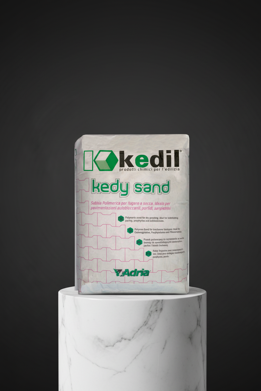 Un sacco di sabbia polimerica per massetto Kedy Sand di Adria su un piedistallo di marmo.
