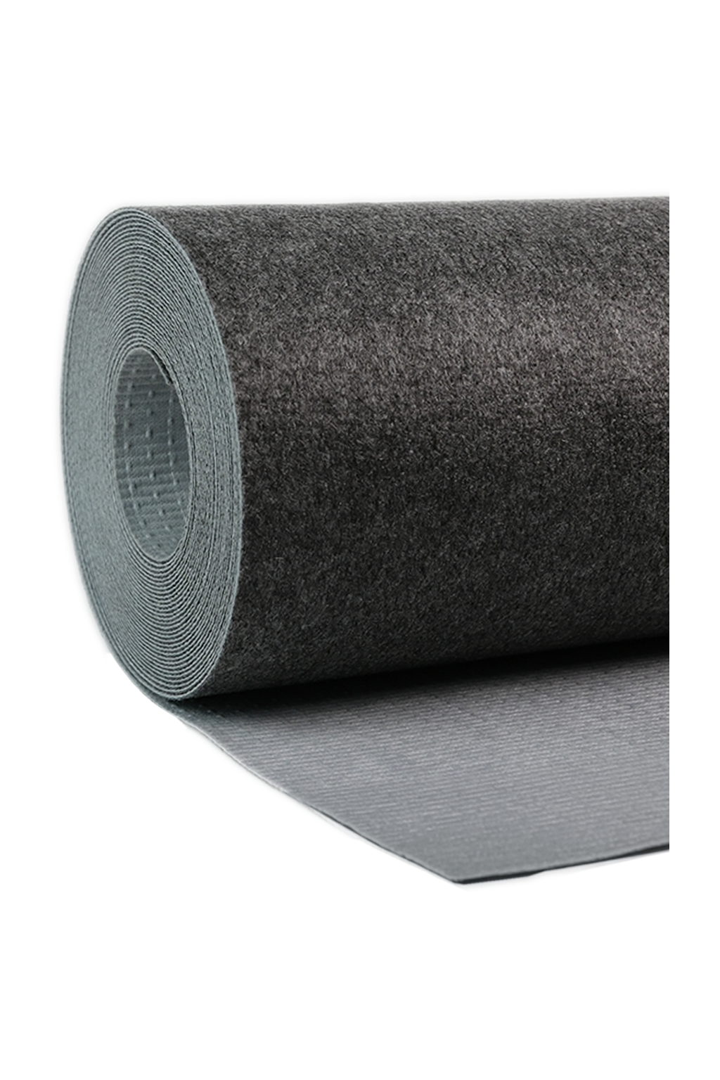 A roll of gray carpet on a black background.