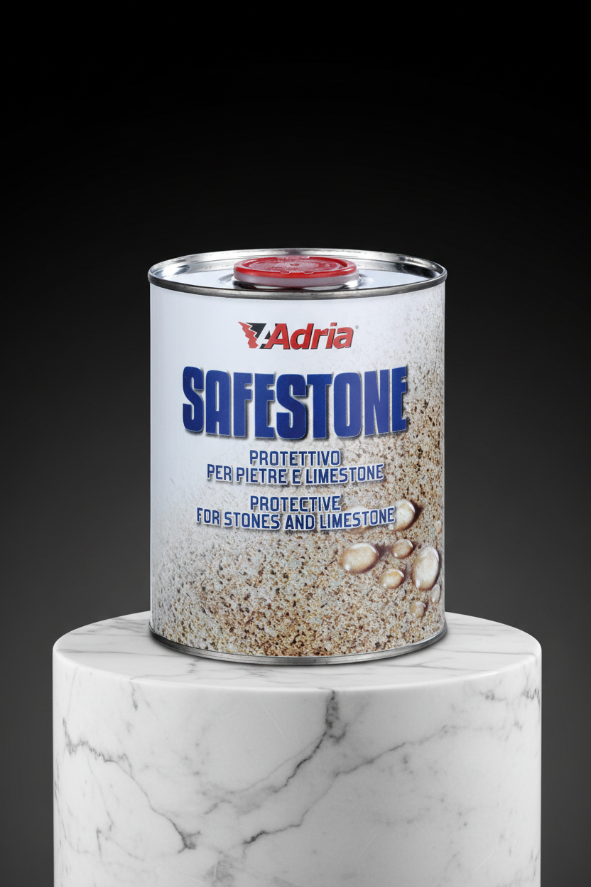 A can of SAFESTONE on a marble stand.