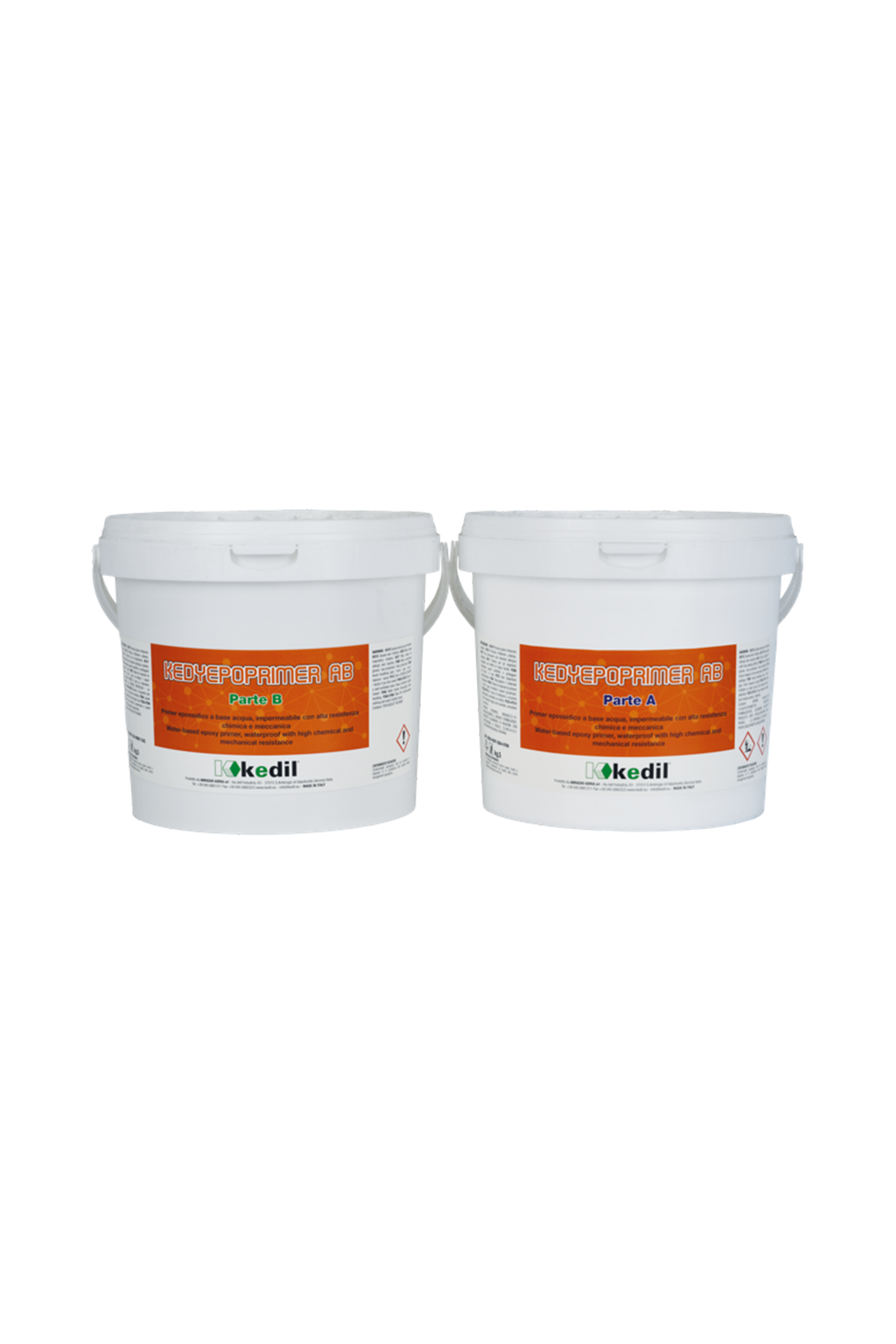 Two buckets of Kedil water-based epoxy primer. One is Part B, the other is Part A.