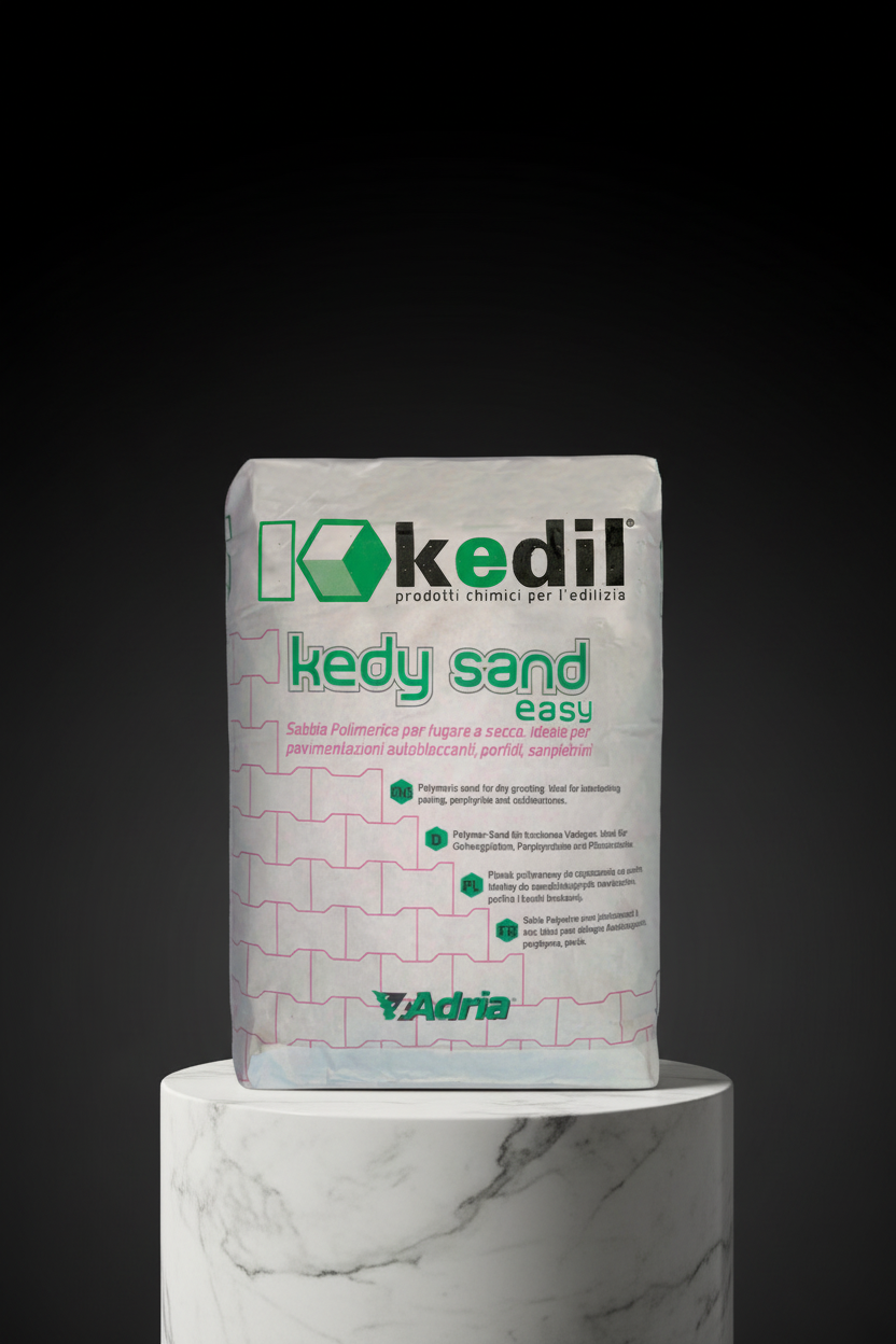 Ein Sack KEDIL Polymersand auf einem weißen Podest.