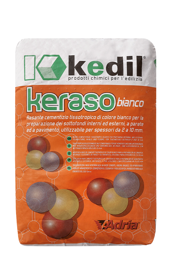 Keraso Bianco by Kedil/Adria: thixotropic cementitious skimming coat for preparing substrates, walls, and floors.