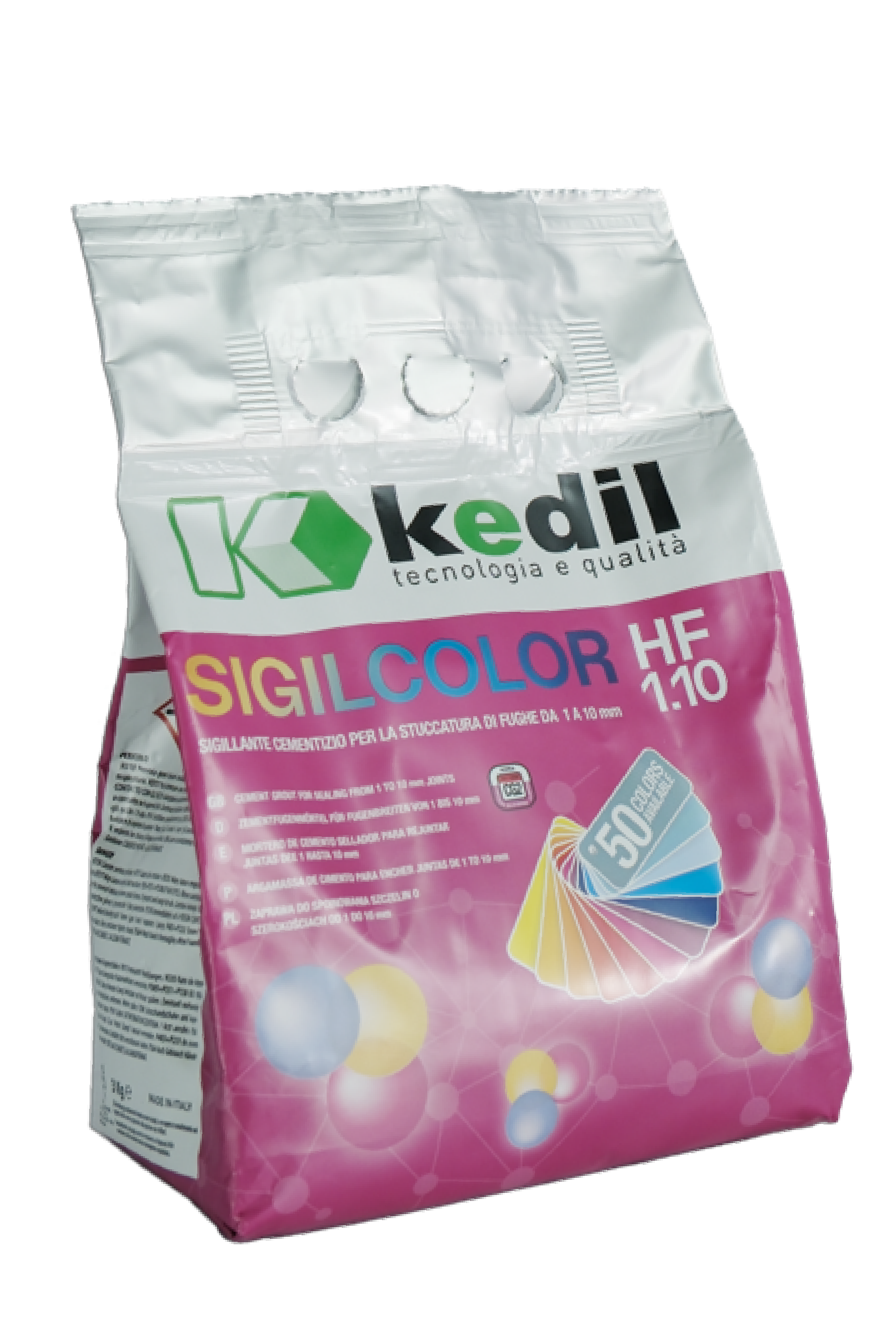 Bag of cementitious grout for sealing tiles.