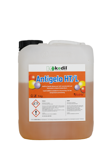 Ein 5 kg Behälter Antifrost HT/L Kkedil, ein flüssiger Zusatzstoff, geeignet für Vormischungen für Anwendungen bei niedrigen Temperaturen.