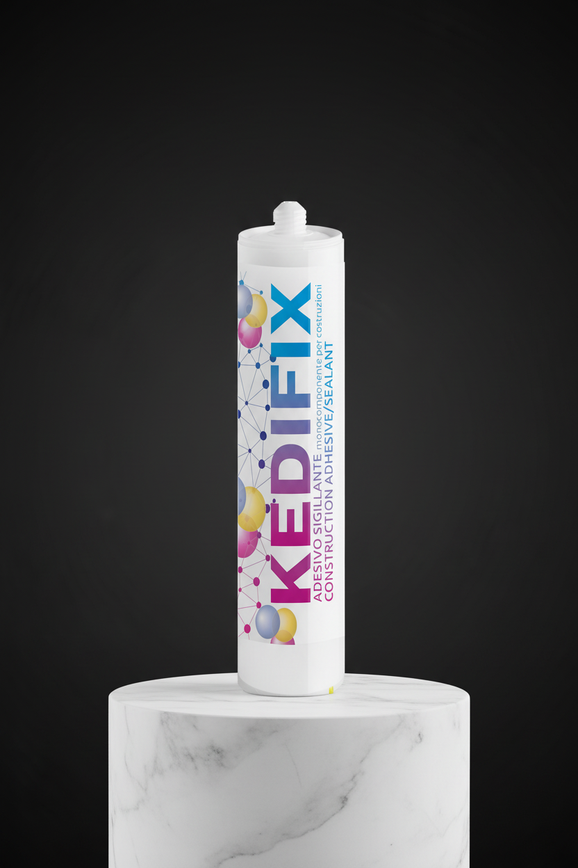 A white tube of KEDIFIX adhesive sealant on a marble pedestal.