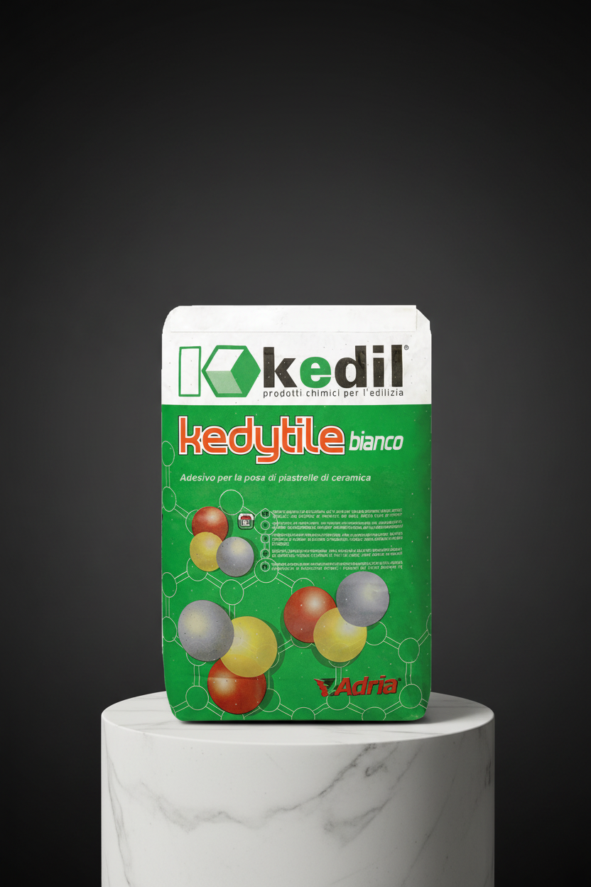 Una confezione di Kedytile bianco, adesivo per piastrelle di ceramica, su un piedistallo di marmo.
