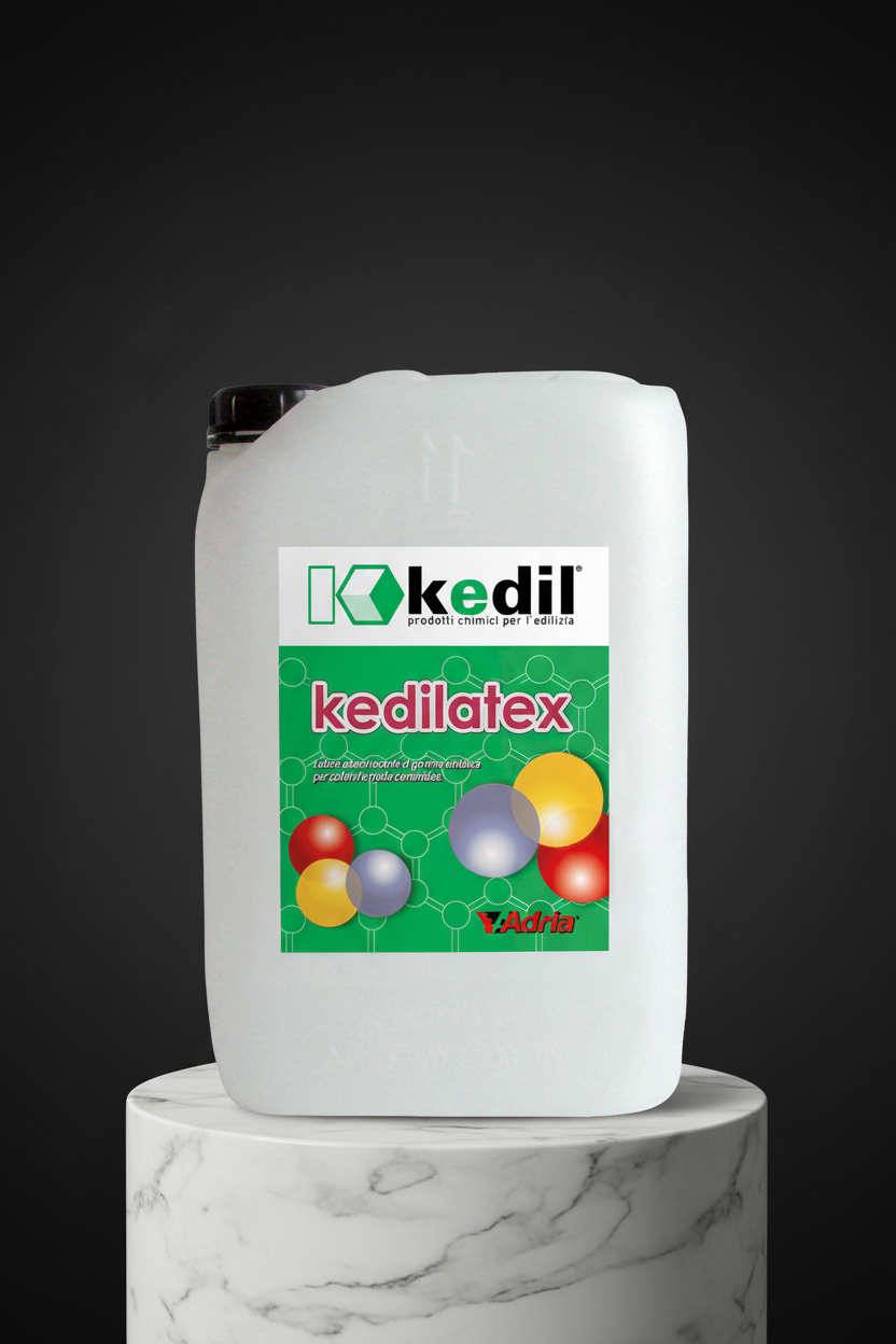 Un contenitore di Kedilatex prodotti chimici per l'edilizia è su un piedistallo di marmo.