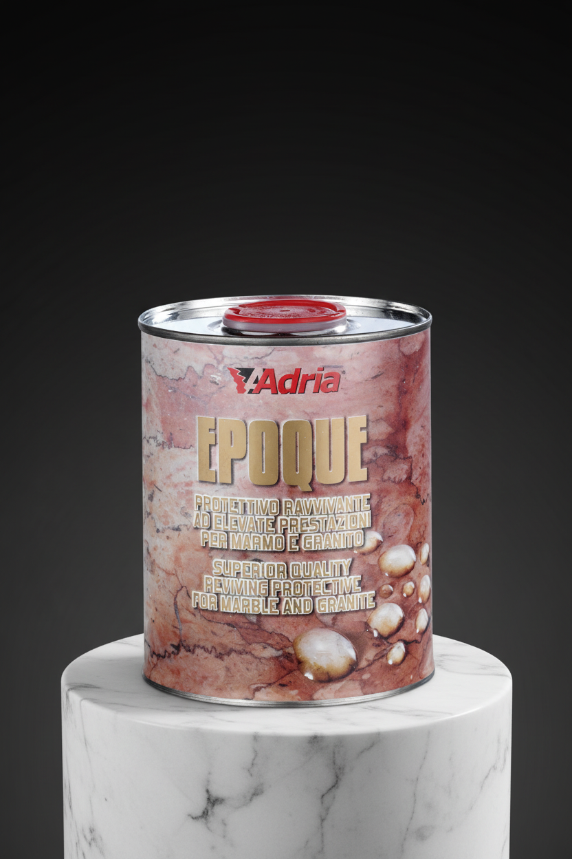 A can of Adria Epoque protective revitalizer for marble and granite on a marble pedestal.