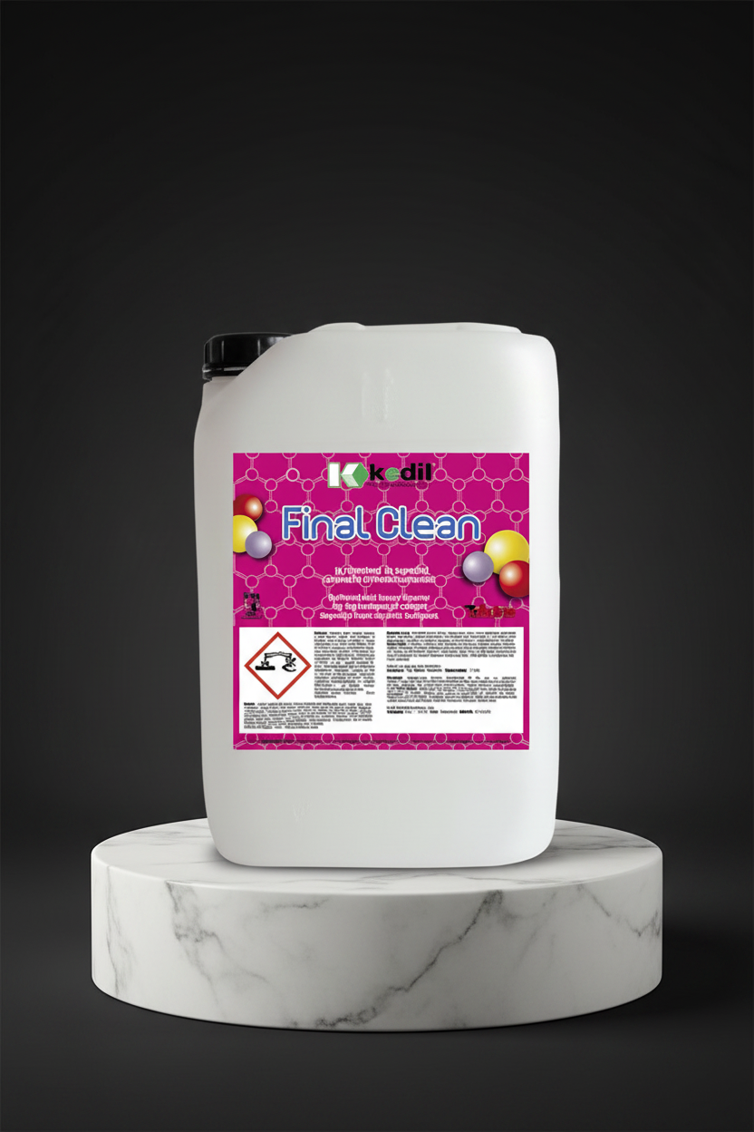 Kk dil Final Clean, Reiniger in weißem Behälter auf elegantem Marmorsockel, für eine effektive Reinigung.
