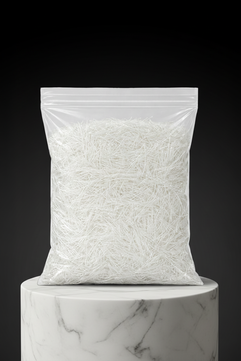Weiße und leichte Fasern in einem transparenten Beutel mit Reißverschluss, ideal zum Verpacken, Polstern oder Dekorieren.