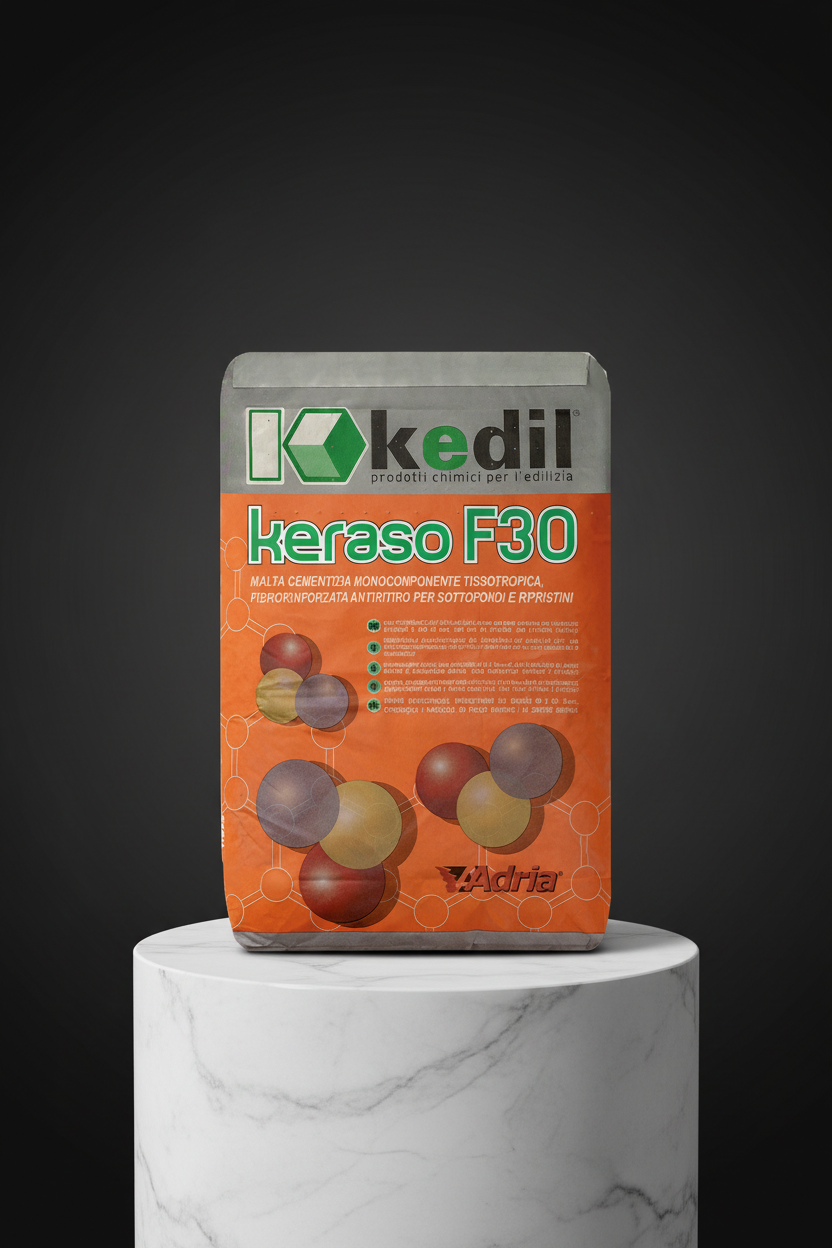 Ein Sack zementgebundener Bauspachtel Keraso F30 auf einem Display.