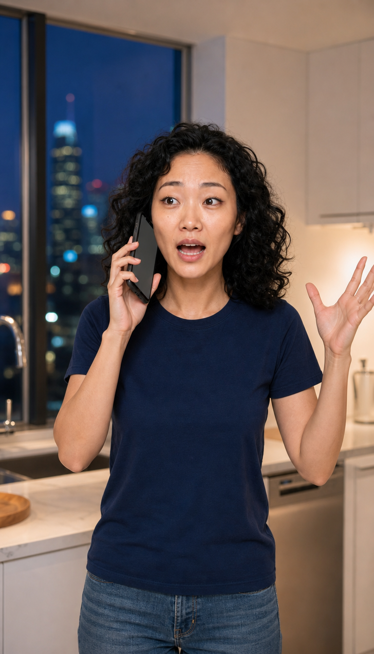 Talking on the phone in the kitchen
