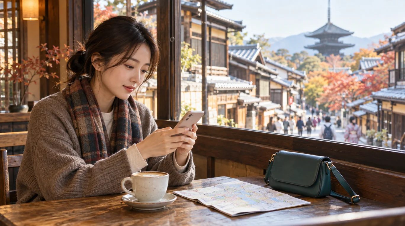 日本の街中のカフェでスマートフォンと旅行地図を確認する旅行者