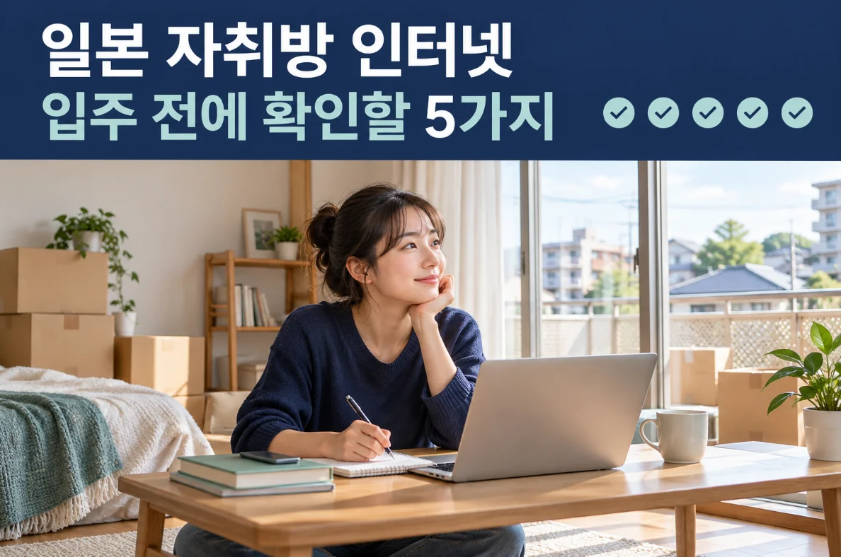 引越し段ボールが置かれた日本の一人暮らしの部屋でノートパソコンとメモ帳で入居準備をする留学生のイメージ画像