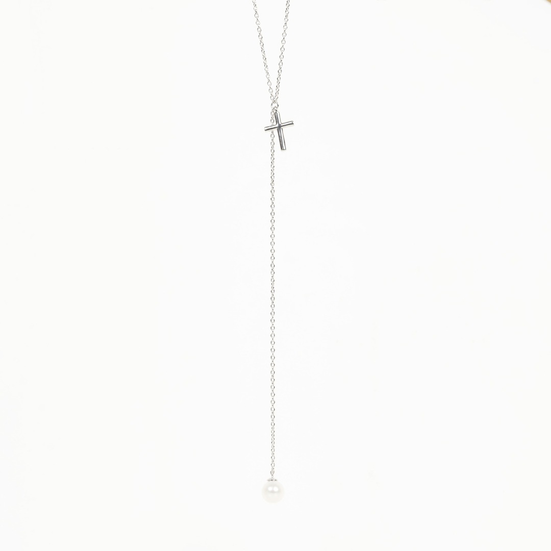 Cross Pearl Drop Necklace WG