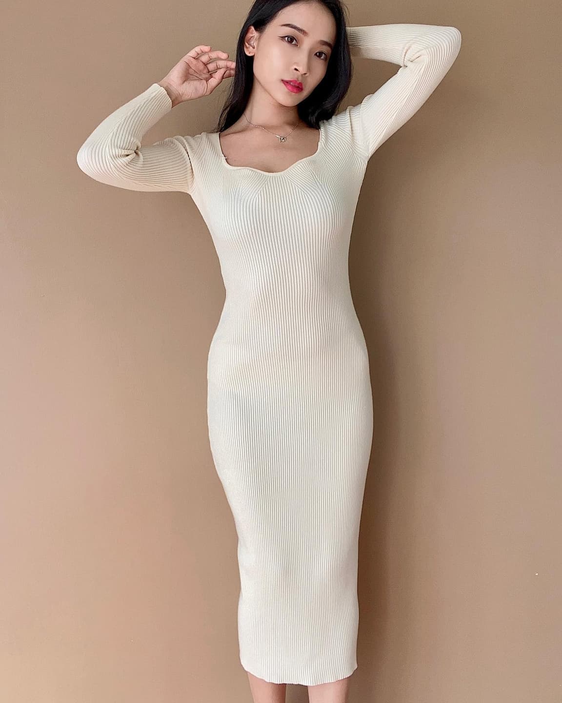 Square-neck split knit dress in stock