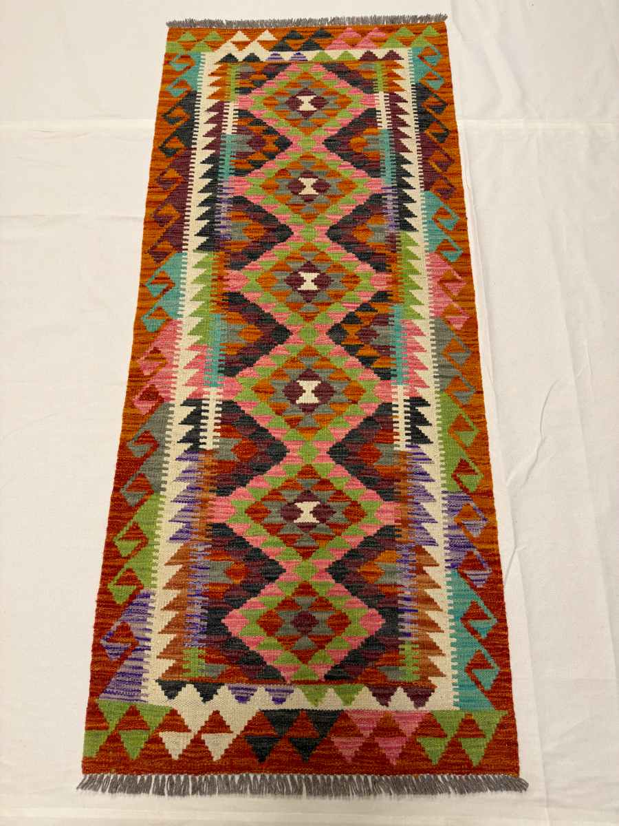 3x7 ft Hand Knotted Afghan Kilim Wool Runner Rug - Natural Vegetable Dye
