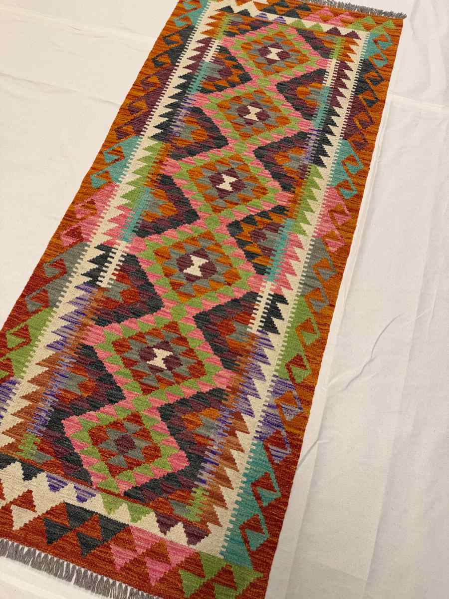 3x7 ft Hand Knotted Afghan Kilim Wool Runner Rug - Natural Vegetable Dye thumbnail 2