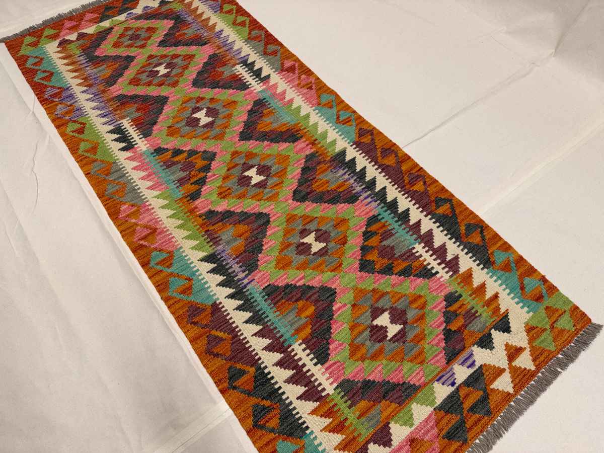 3x7 ft Hand Knotted Afghan Kilim Wool Runner Rug - Natural Vegetable Dye thumbnail 3