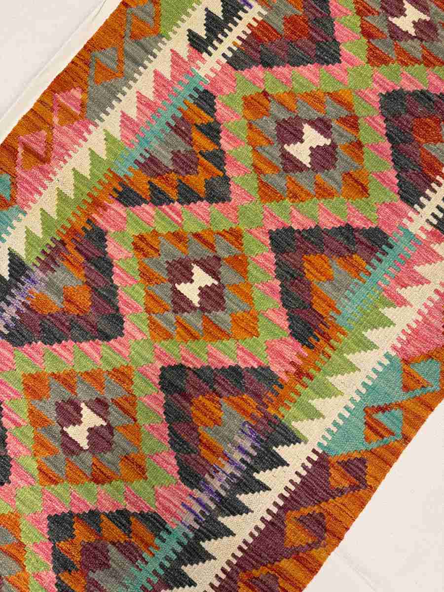 3x7 ft Hand Knotted Afghan Kilim Wool Runner Rug - Natural Vegetable Dye thumbnail 4