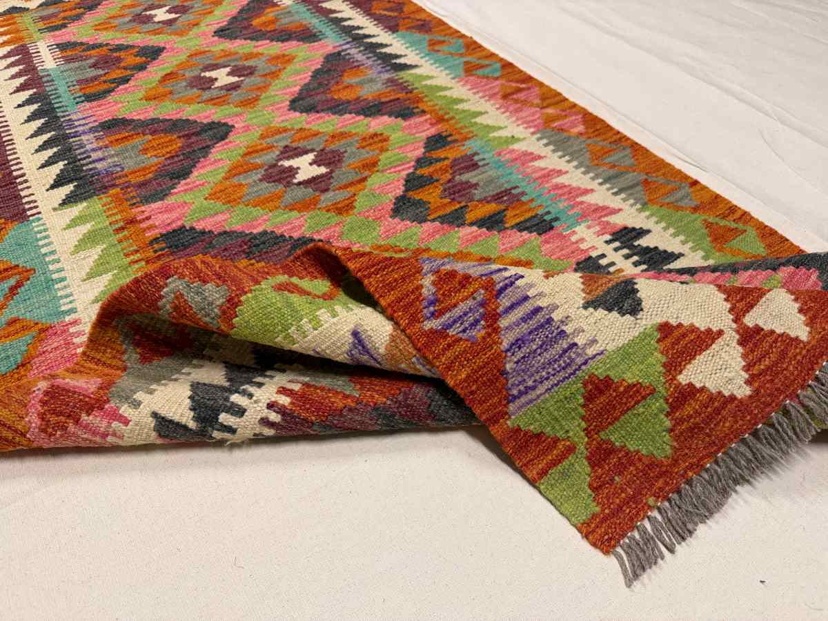 3x7 ft Hand Knotted Afghan Kilim Wool Runner Rug - Natural Vegetable Dye thumbnail 5