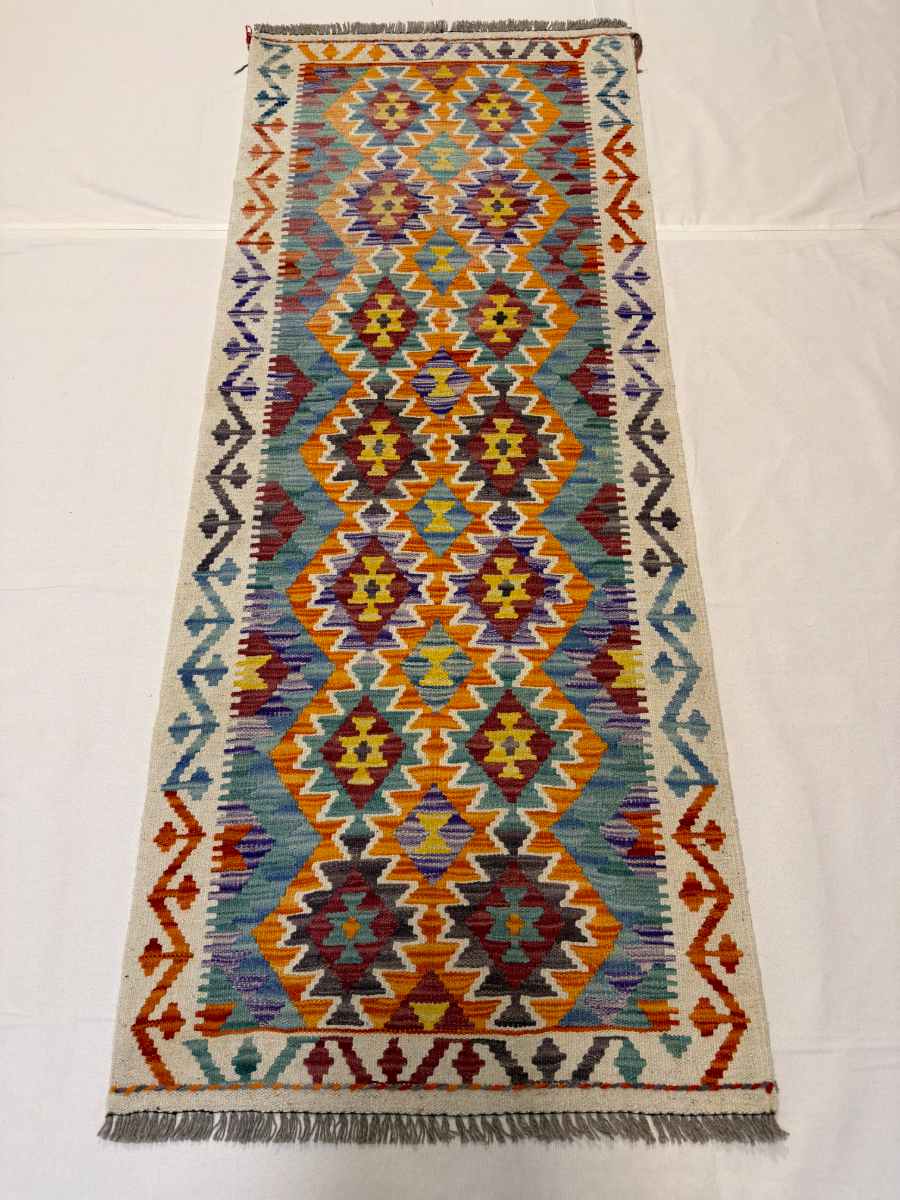 3x7 ft Hand Knotted Afghan Kilim Wool Runner Rug - Natural Vegetable Dye