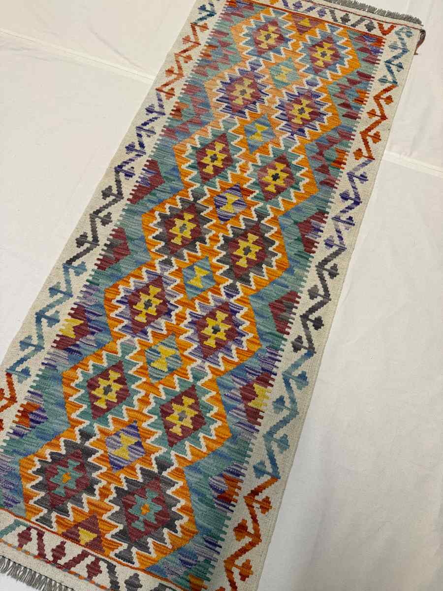 3x7 ft Hand Knotted Afghan Kilim Wool Runner Rug - Natural Vegetable Dye thumbnail 2