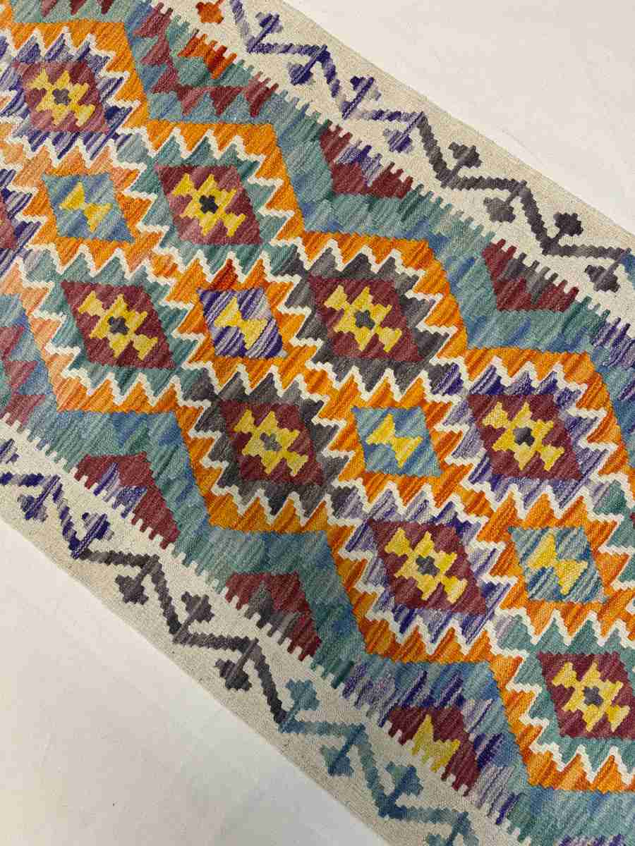 3x7 ft Hand Knotted Afghan Kilim Wool Runner Rug - Natural Vegetable Dye thumbnail 3