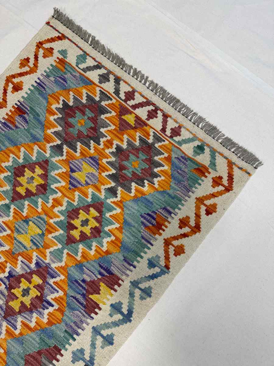 3x7 ft Hand Knotted Afghan Kilim Wool Runner Rug - Natural Vegetable Dye thumbnail 4