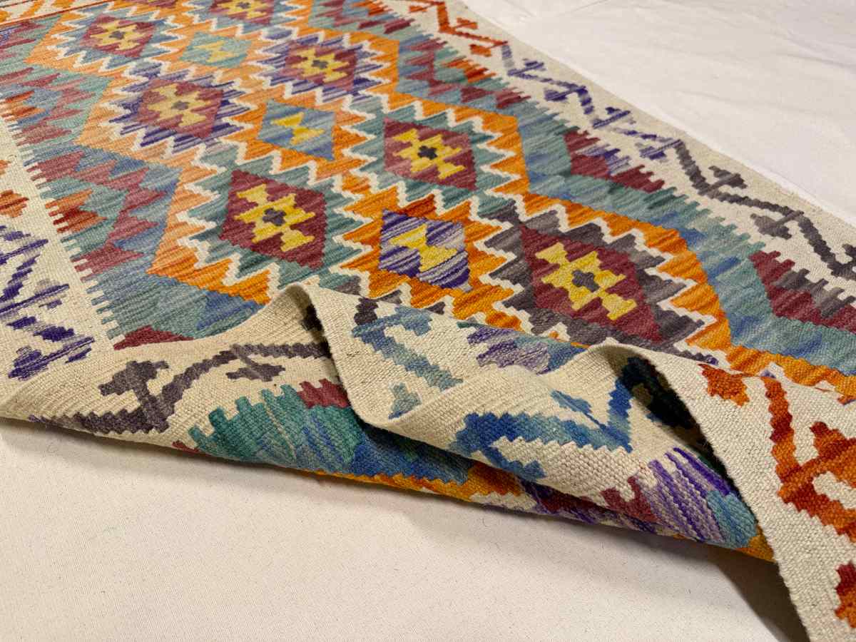 3x7 ft Hand Knotted Afghan Kilim Wool Runner Rug - Natural Vegetable Dye thumbnail 5
