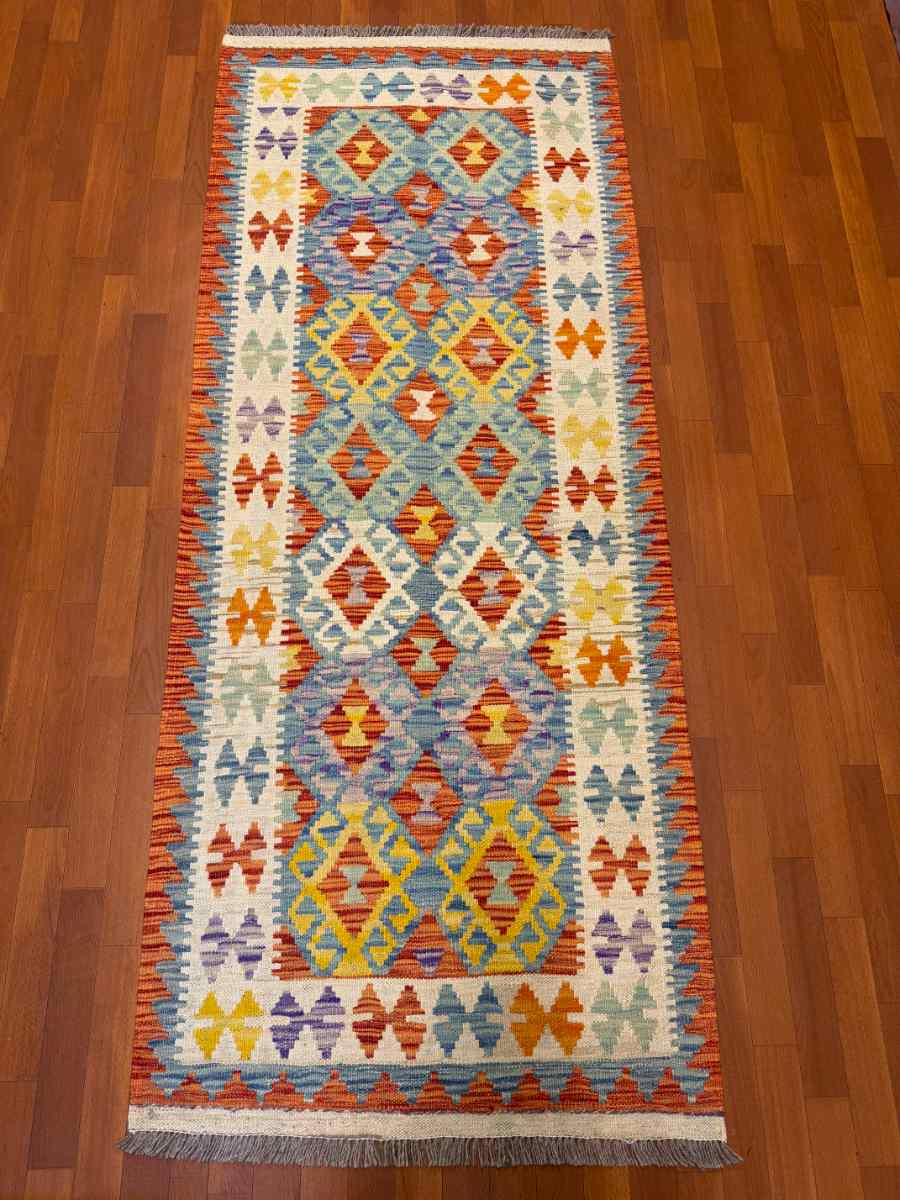 3x7 ft Hand Knotted Afghan Kilim Wool Runner Rug - Natural Vegetable Dye