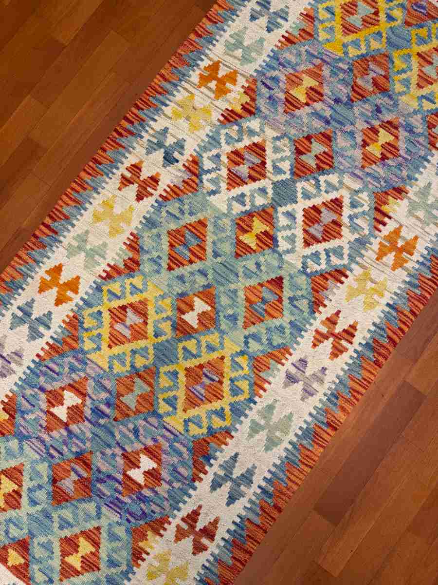 3x7 ft Hand Knotted Afghan Kilim Wool Runner Rug - Natural Vegetable Dye thumbnail 2