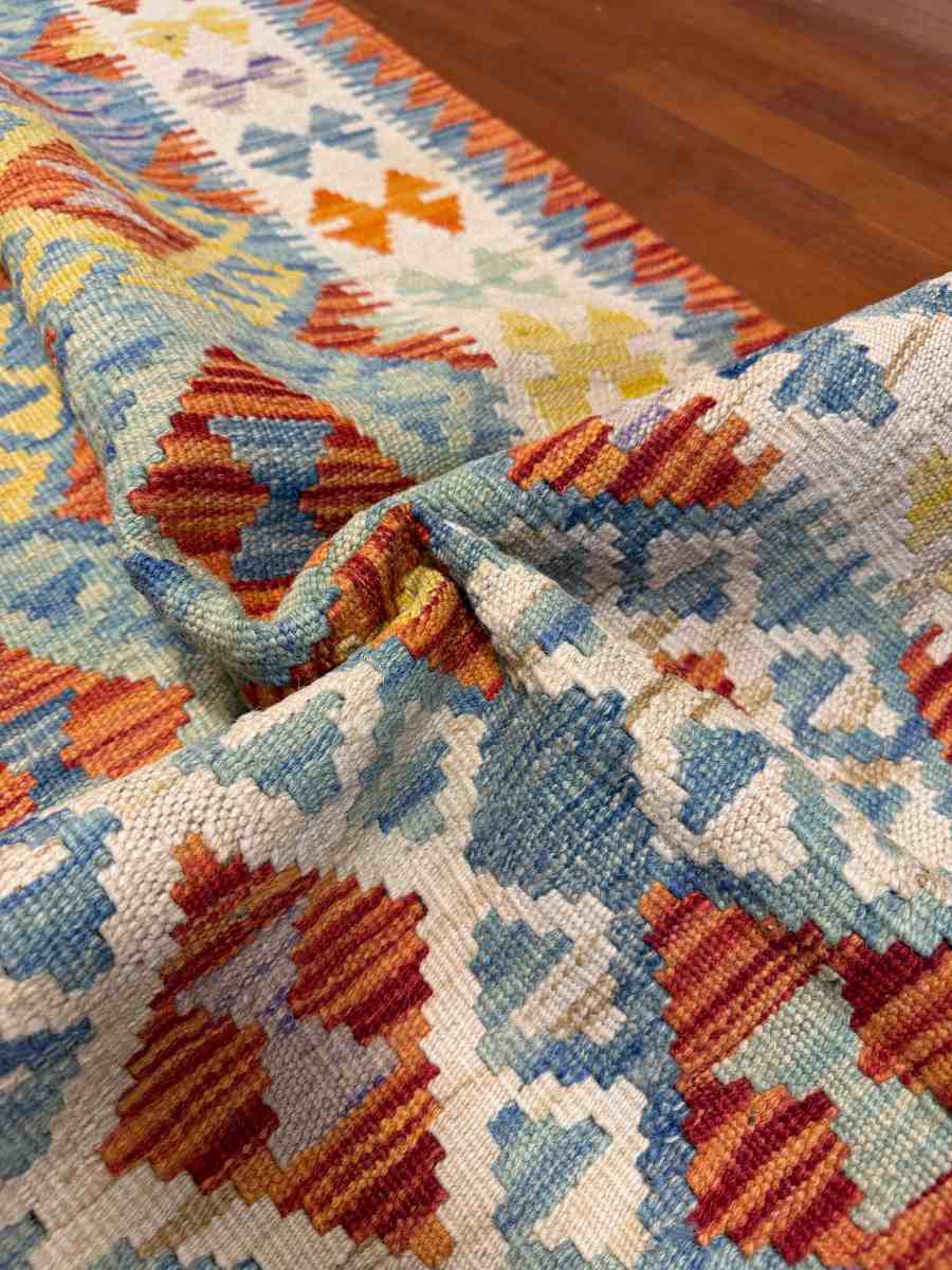 3x7 ft Hand Knotted Afghan Kilim Wool Runner Rug - Natural Vegetable Dye thumbnail 4