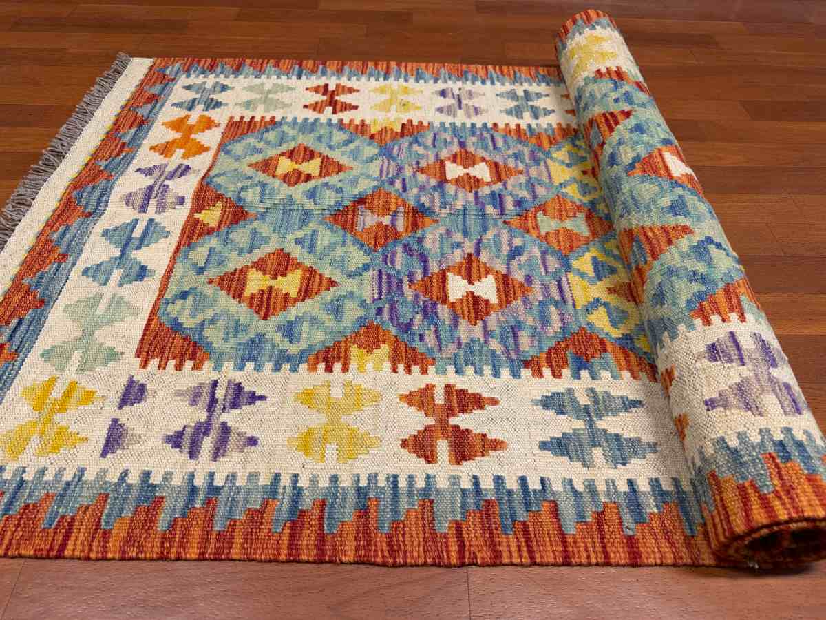 3x7 ft Hand Knotted Afghan Kilim Wool Runner Rug - Natural Vegetable Dye thumbnail 5