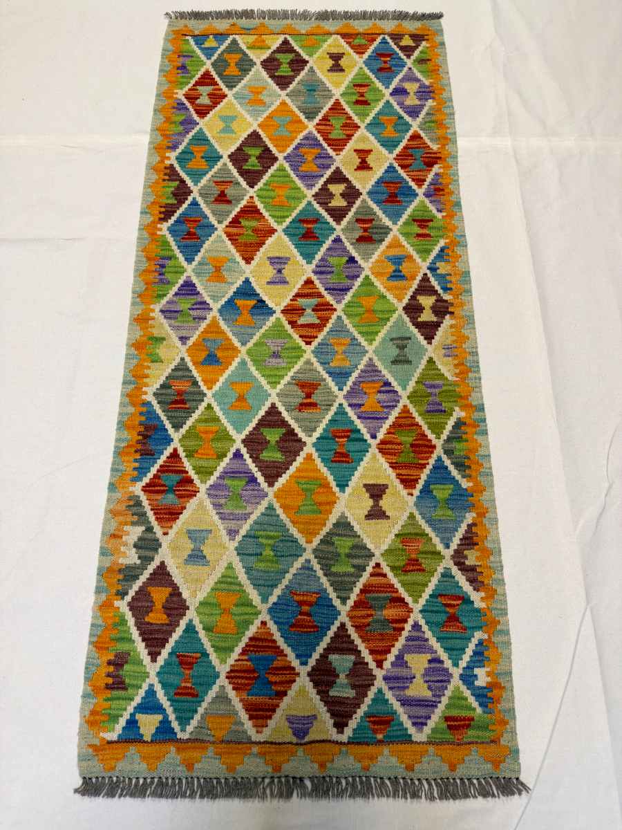 3x7 ft Hand Knotted Afghan Kilim Wool Runner Rug - Natural Vegetable Dye
