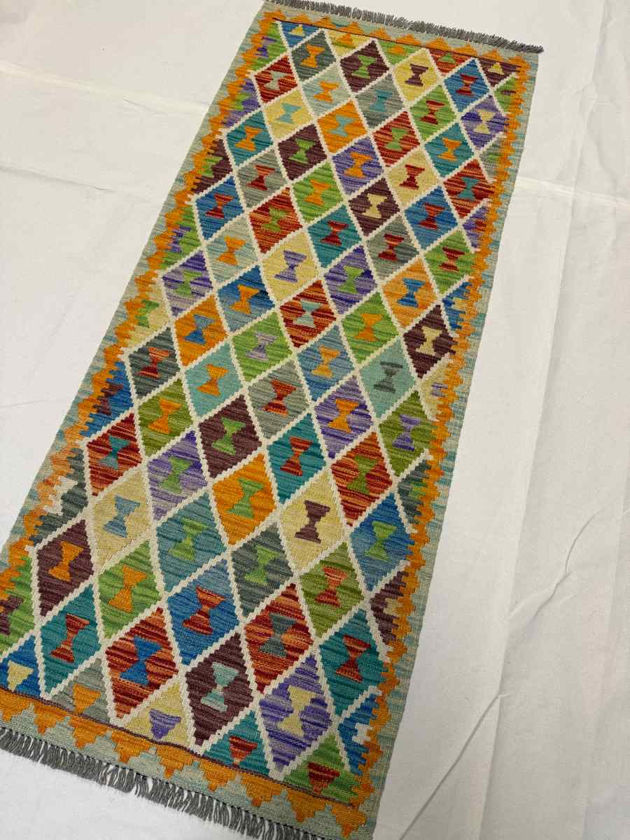 3x7 ft Hand Knotted Afghan Kilim Wool Runner Rug - Natural Vegetable Dye thumbnail 2