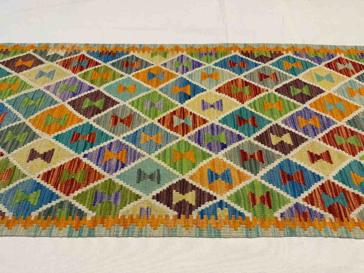 3x7 ft Hand Knotted Afghan Kilim Wool Runner Rug - Natural Vegetable Dye thumbnail 3