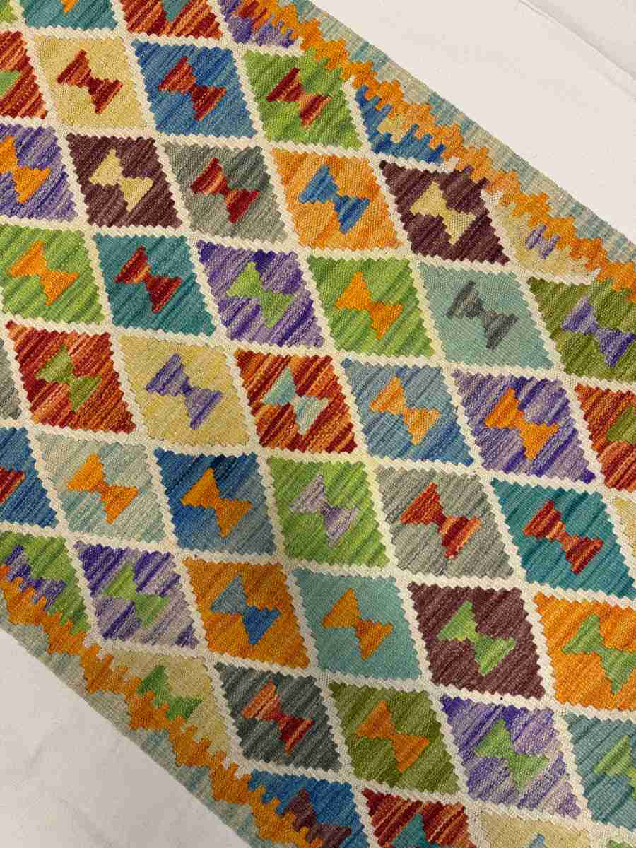 3x7 ft Hand Knotted Afghan Kilim Wool Runner Rug - Natural Vegetable Dye thumbnail 4