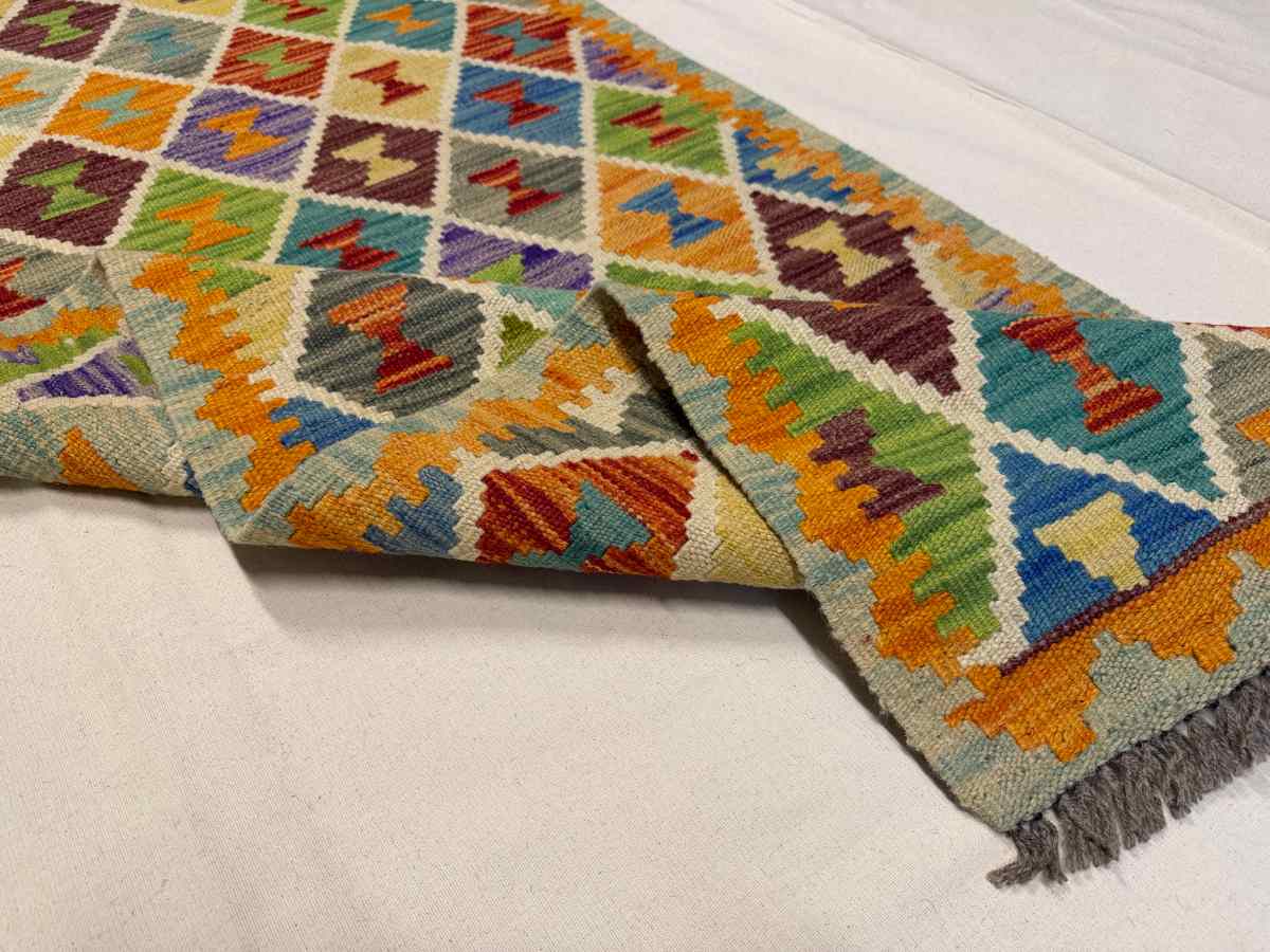 3x7 ft Hand Knotted Afghan Kilim Wool Runner Rug - Natural Vegetable Dye thumbnail 5