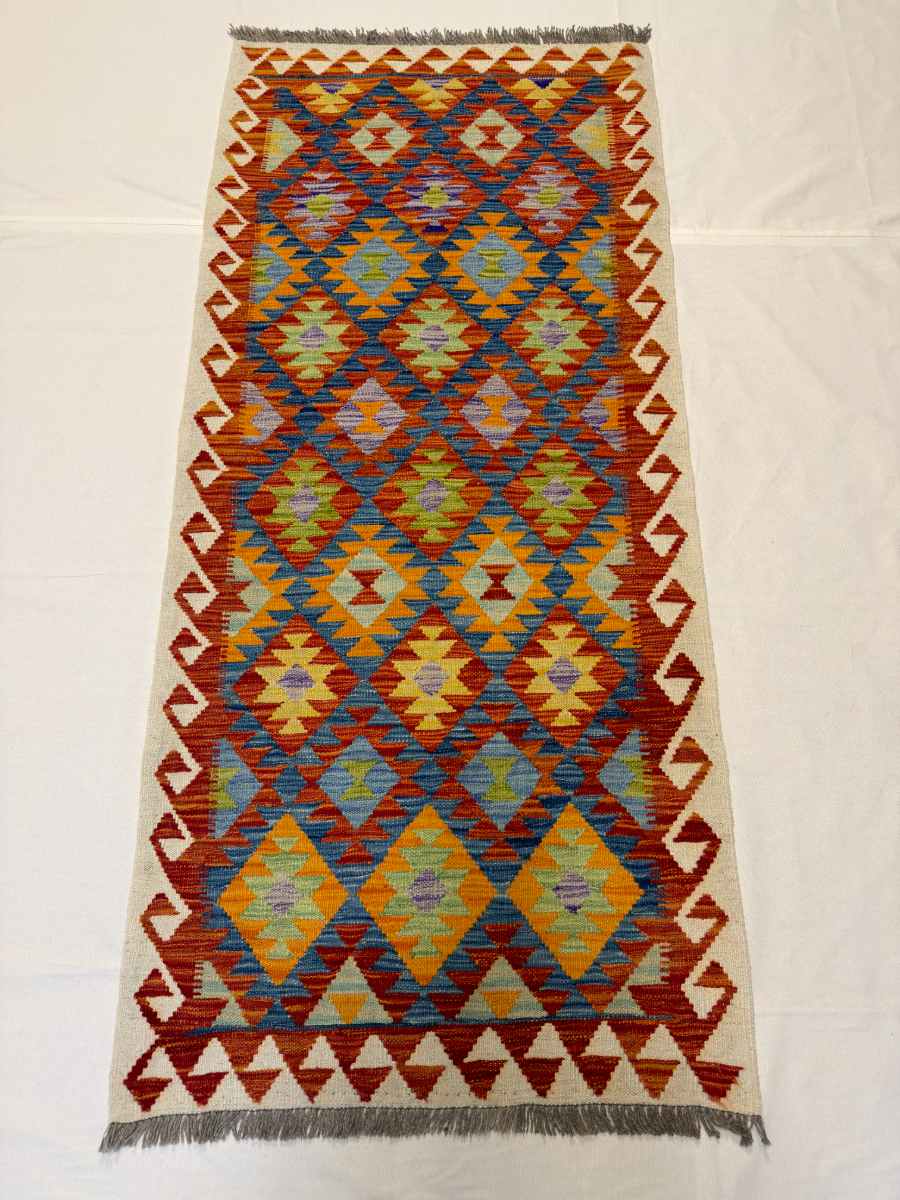 3x7 ft Hand Knotted Afghan Kilim Wool Runner Rug - Natural Vegetable Dye