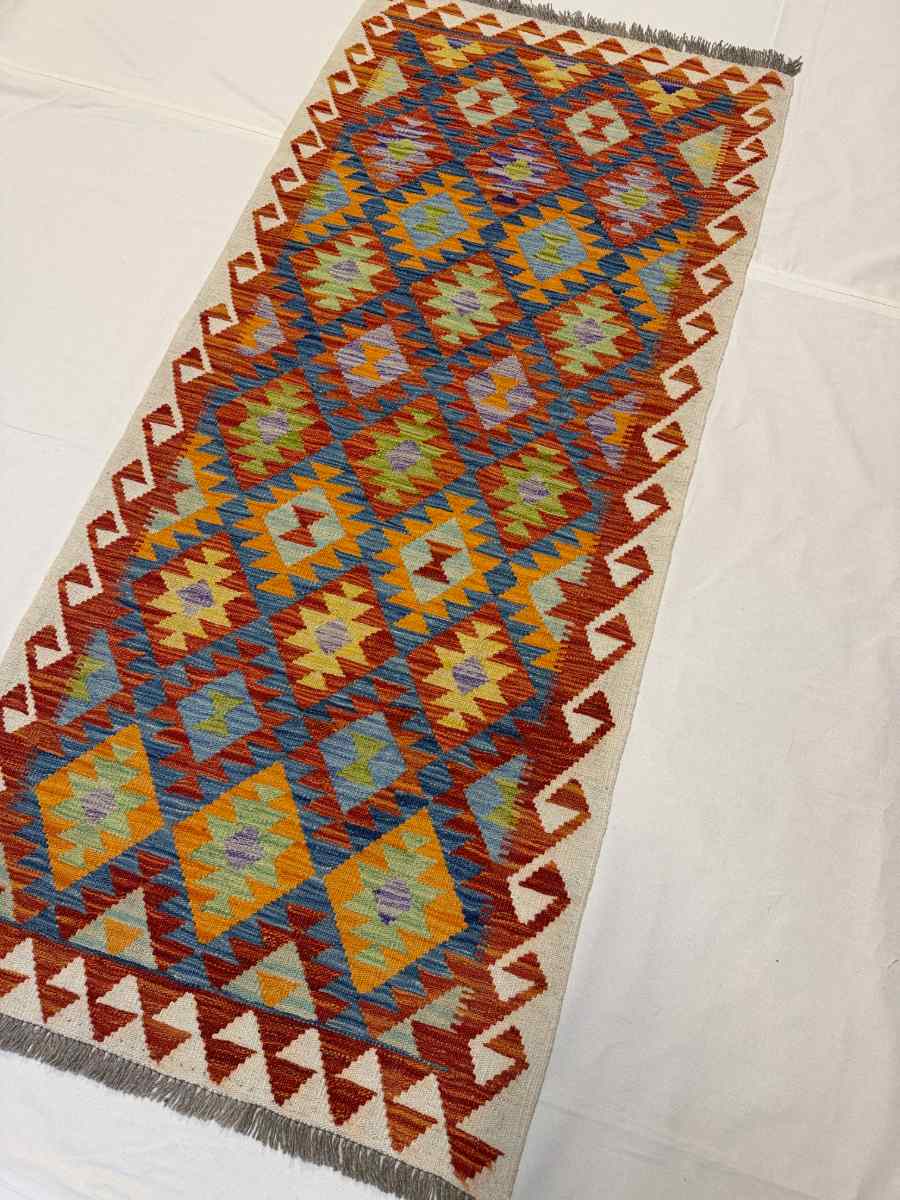 3x7 ft Hand Knotted Afghan Kilim Wool Runner Rug - Natural Vegetable Dye thumbnail 2
