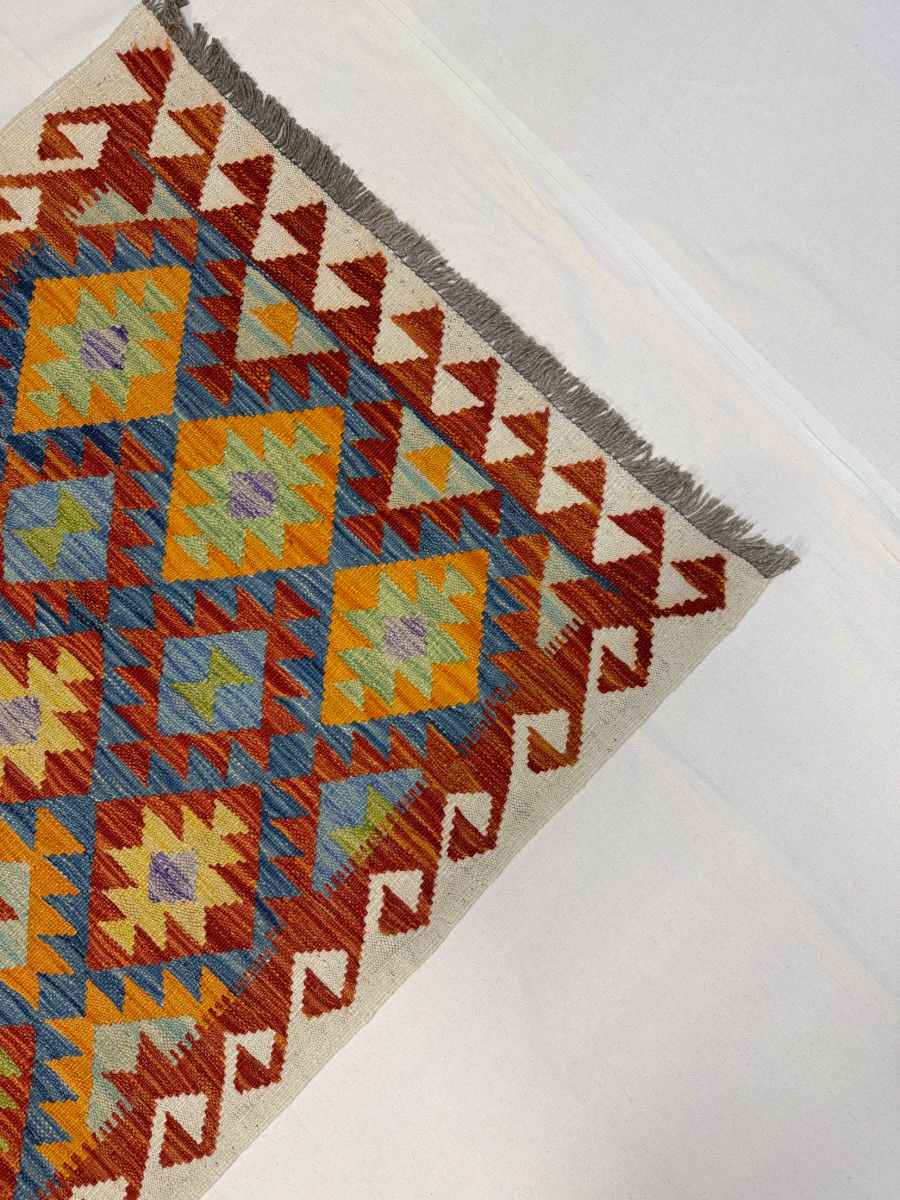 3x7 ft Hand Knotted Afghan Kilim Wool Runner Rug - Natural Vegetable Dye thumbnail 4