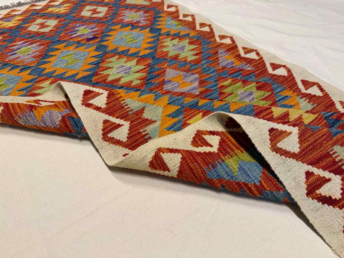 3x7 ft Hand Knotted Afghan Kilim Wool Runner Rug - Natural Vegetable Dye thumbnail 5