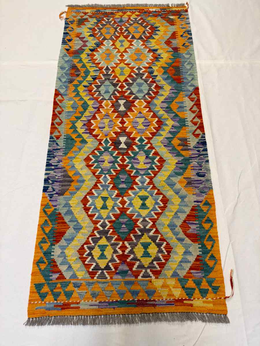3x7 ft Hand Knotted Afghan Kilim Wool Runner Rug - Natural Vegetable Dye