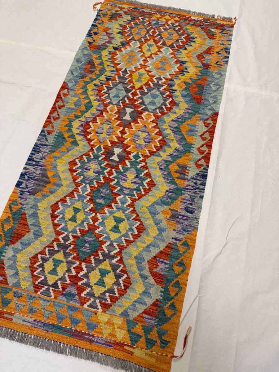3x7 ft Hand Knotted Afghan Kilim Wool Runner Rug - Natural Vegetable Dye thumbnail 2