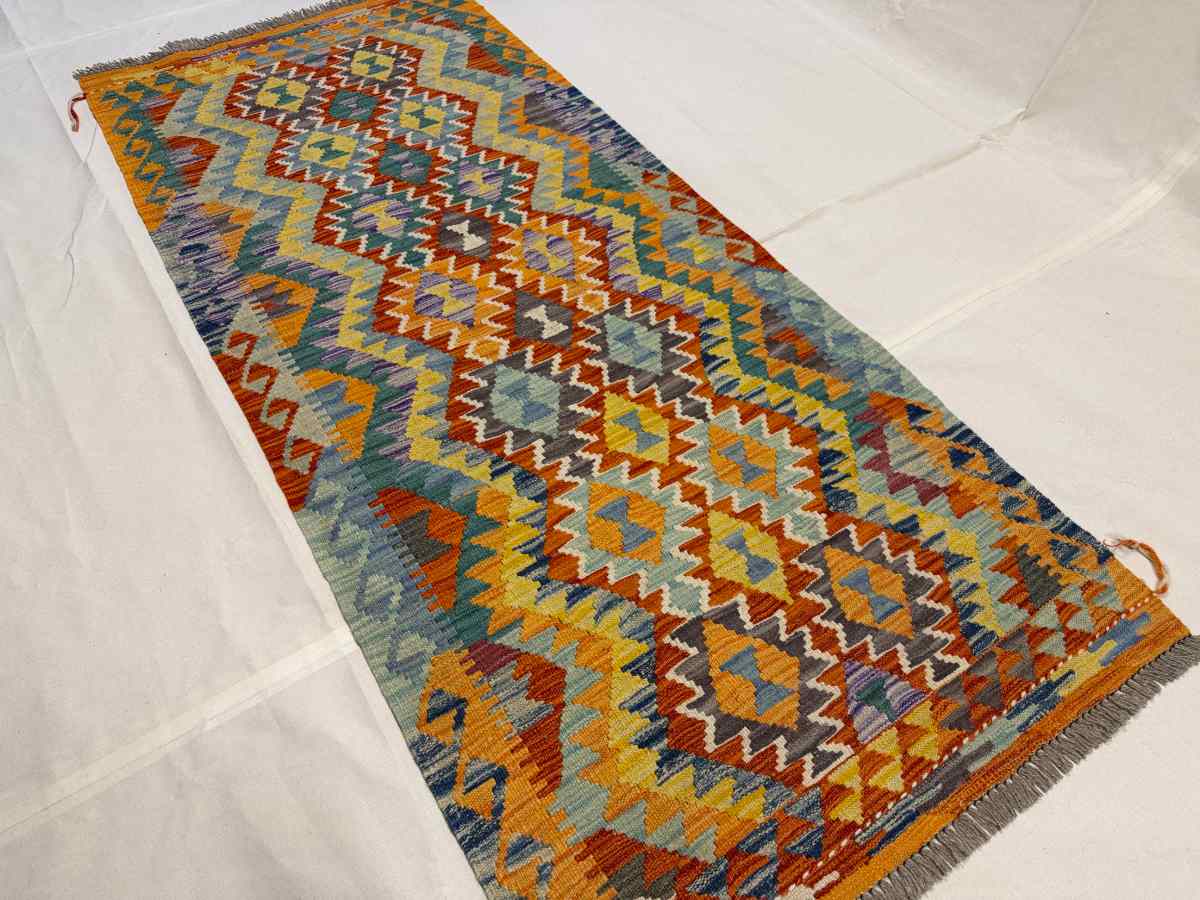 3x7 ft Hand Knotted Afghan Kilim Wool Runner Rug - Natural Vegetable Dye thumbnail 3